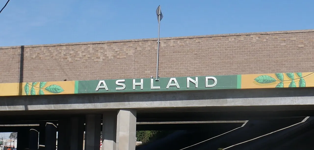 The Ashland community name painted across the Interstate 238 overpass above Mission Boulevard.