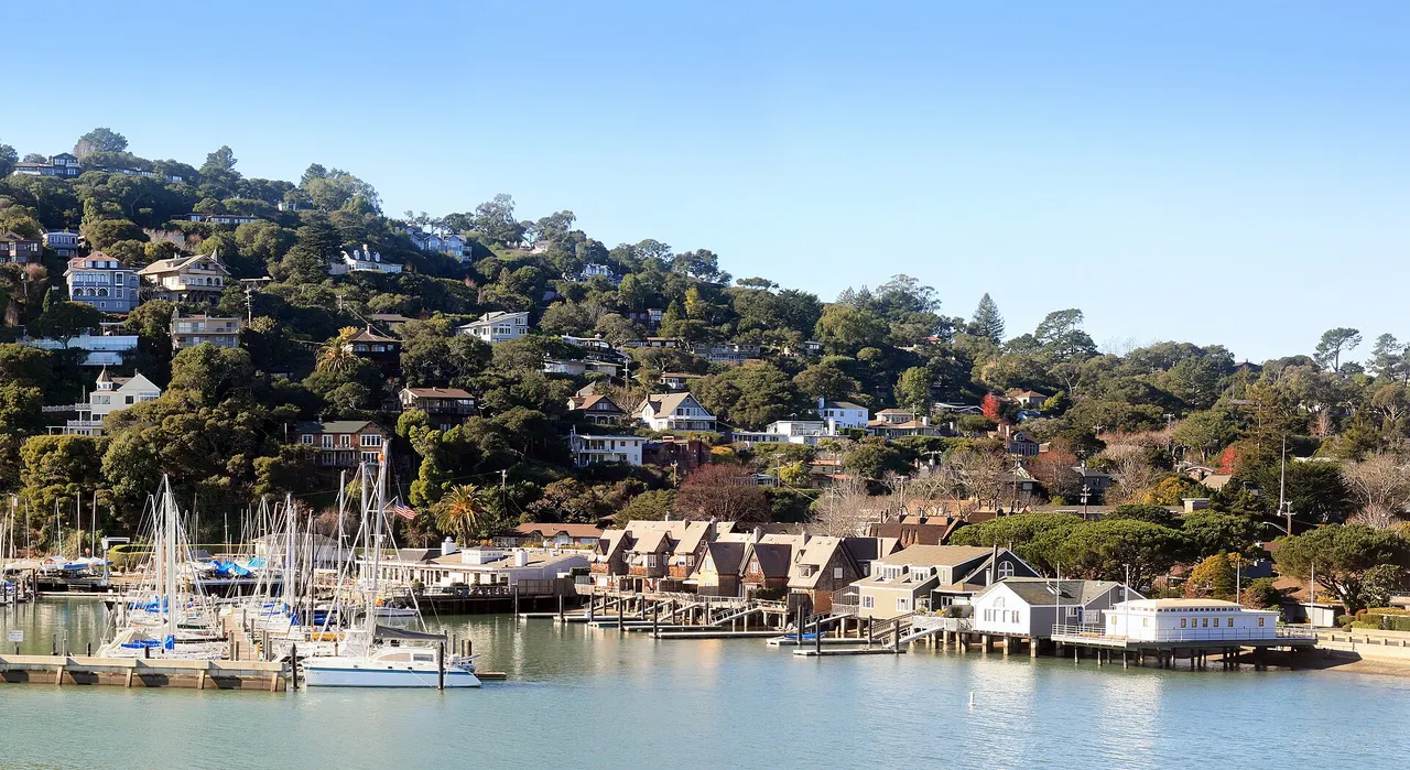 Sailboats and waterfront homes below the hillside in Belvedere, beside the San Francisco Yacht Club.