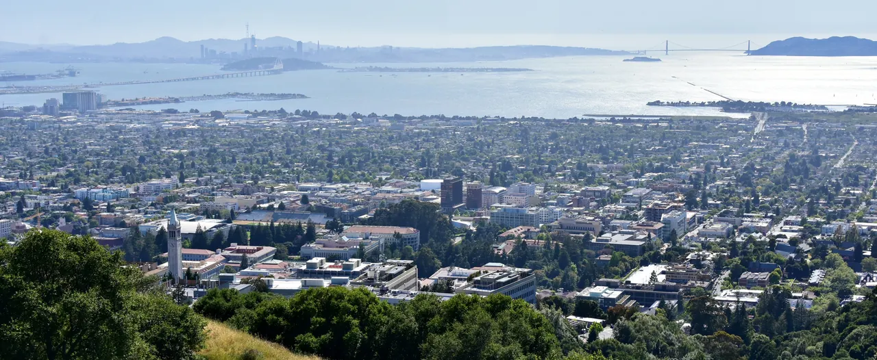Berkeley and the university campus from the hills, with San Francisco Bay stretching into the distance.