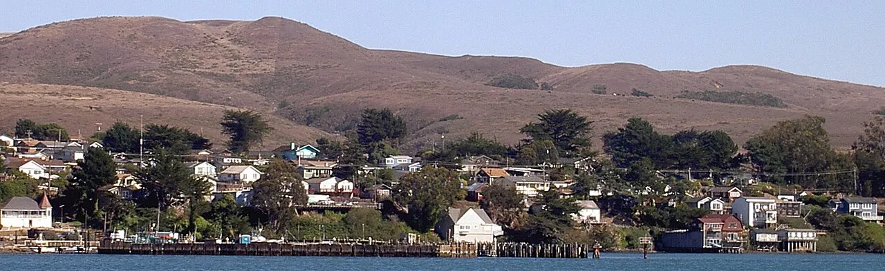 The town of Bodega Bay seen across the harbor from Bay Flat Road.