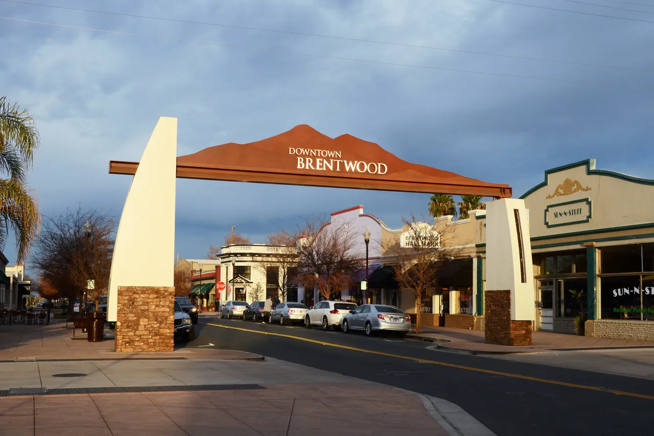 The downtown Brentwood gateway arch spanning a street of shops and palm trees.