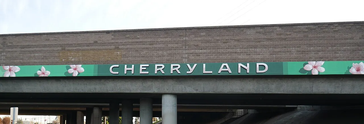 The Cherryland community name and cherry motifs painted on the Mission Boulevard underpass.