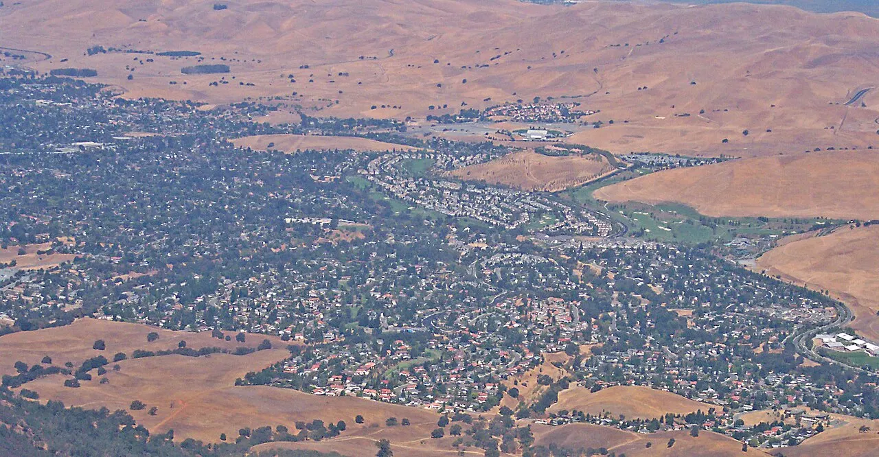 Clayton neighborhoods and surrounding dry hills seen from the summit of Mount Diablo.