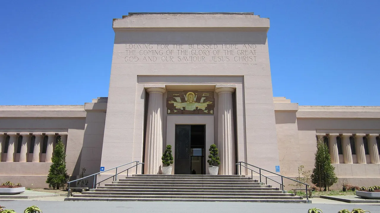 The entrance and steps of Holy Cross Mausoleum in Colma.