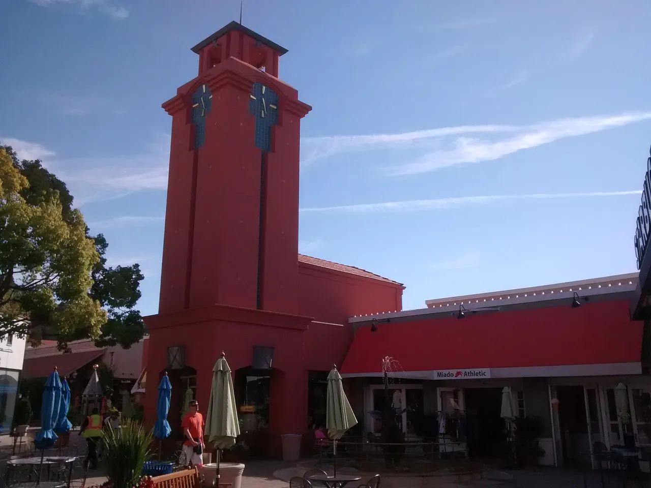 The red clock tower at Town Center in Corte Madera.