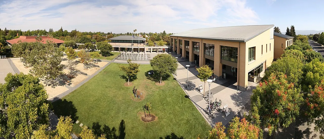 A panorama of Cupertino Civic Center, with its landscaped plaza, library and civic buildings.
