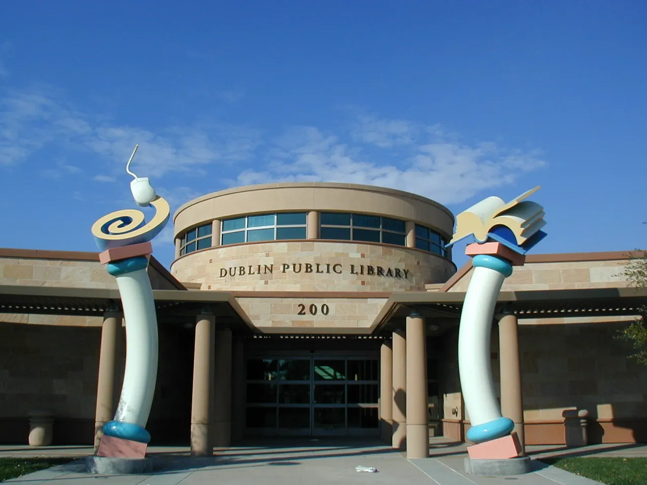The arched entrance and colorful columns of Dublin Public Library.