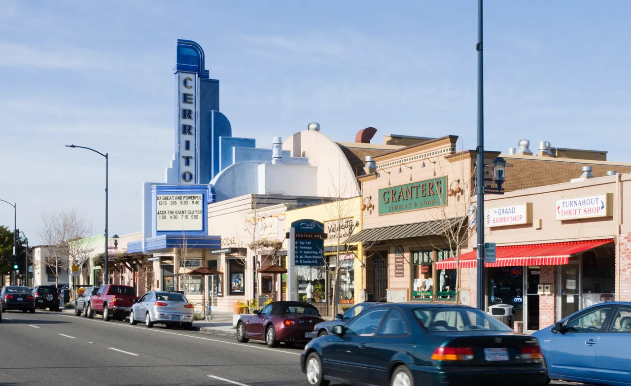 The Cerrito Theater marquee and neighboring storefronts along San Pablo Avenue in El Cerrito.