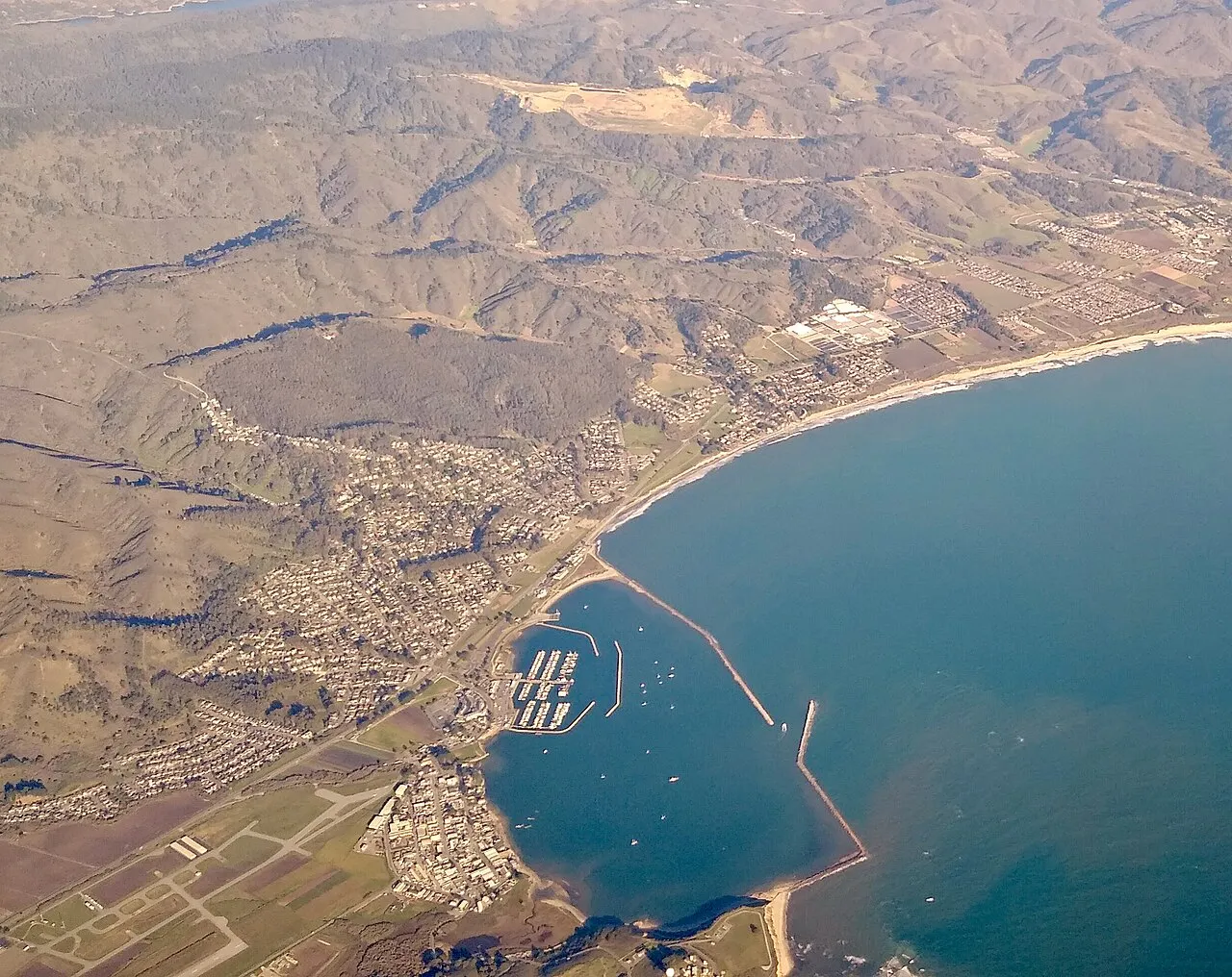 Aerial view of El Granada and Pillar Point Harbor.