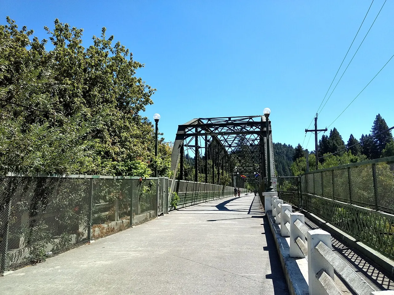 The pedestrian path through the steel truss of Guerneville Bridge.