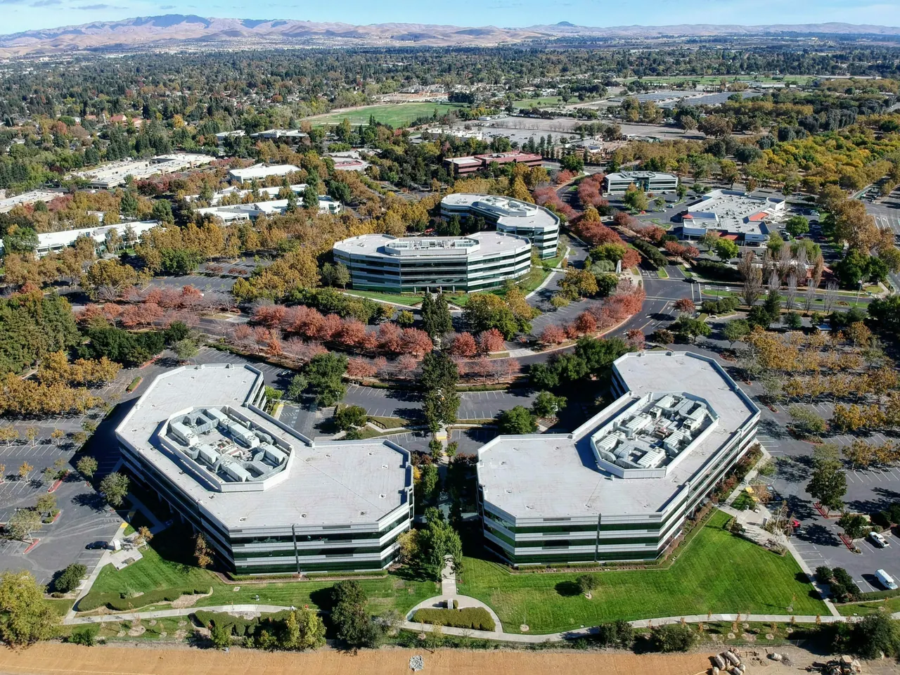 Aerial view of the landscaped office buildings at Bernal Corporate Park in Pleasanton.