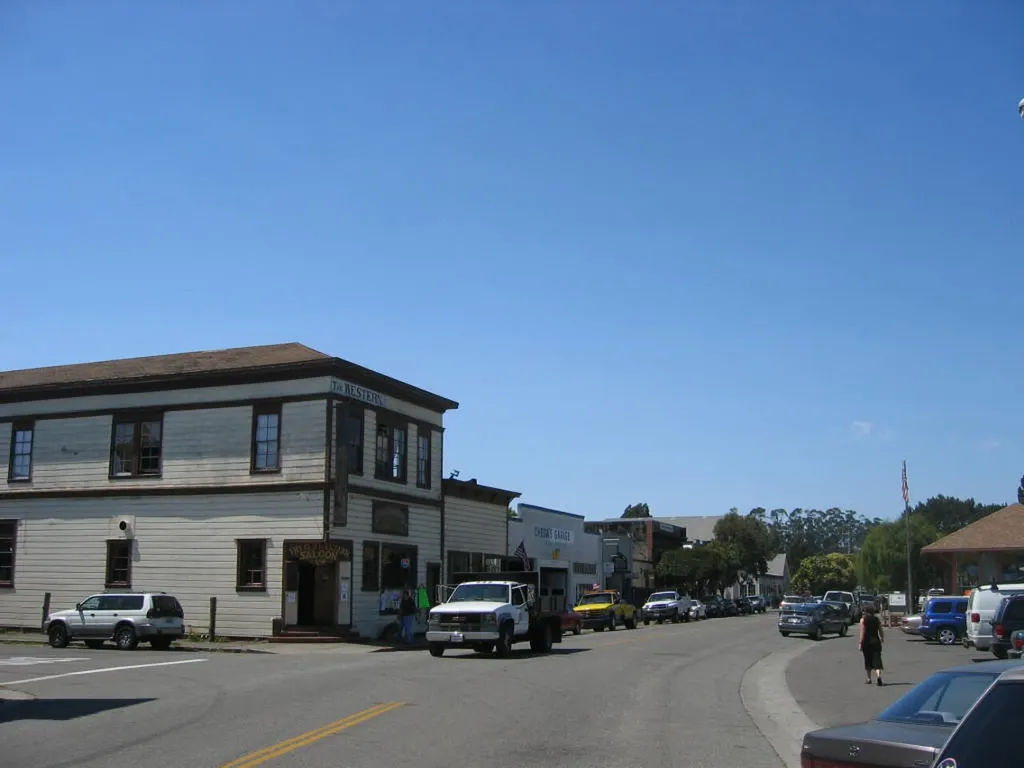 Shoreline Highway and storefronts in downtown Point Reyes Station.
