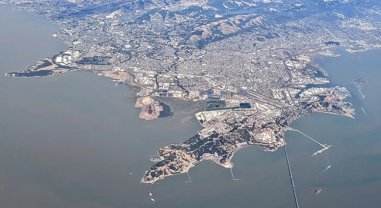 An aerial view of Richmond and its waterfront from above the western end of the Richmond-San Rafael Bridge.