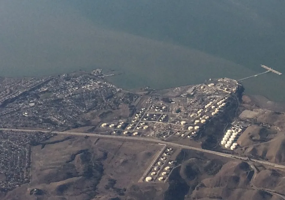 An aerial view of the refinery at Rodeo and the adjacent San Pablo Bay shoreline.