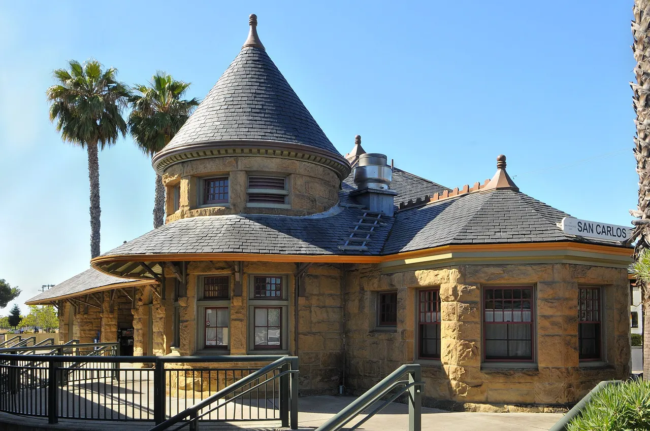 The historic stone train station in San Carlos.