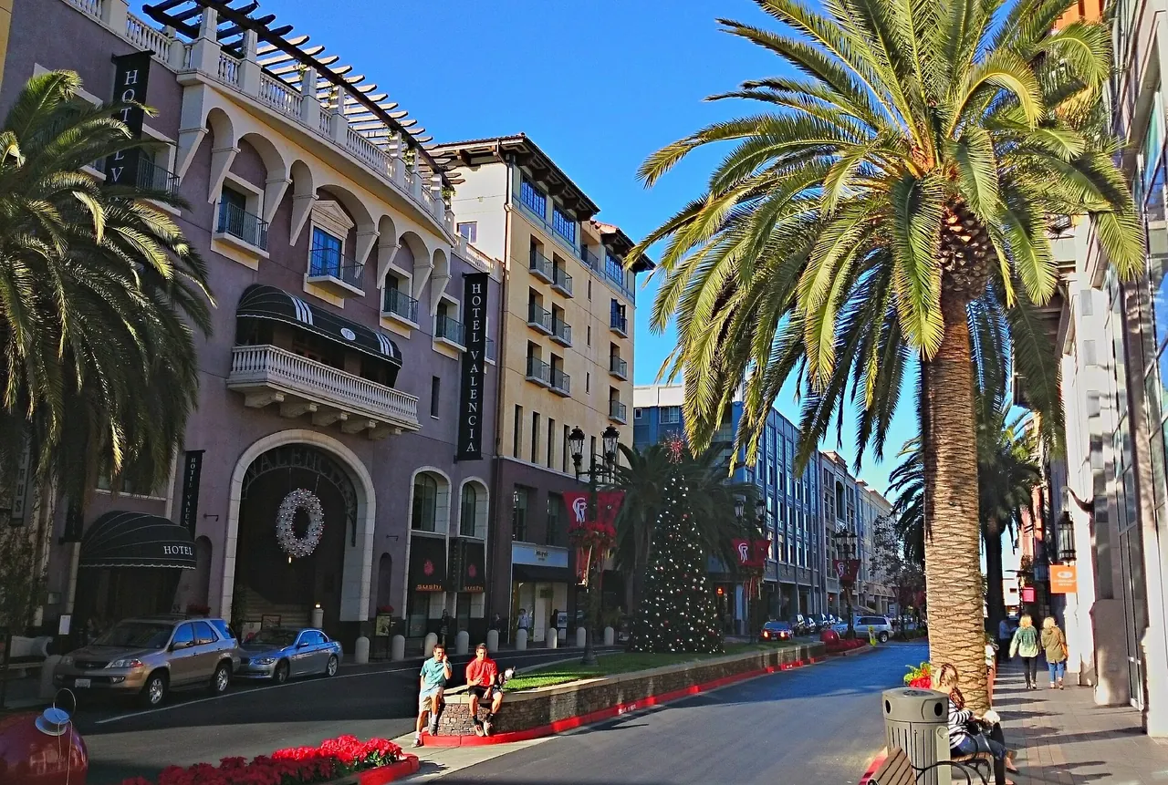 Palm trees and the Valencia Hotel along Santana Row in San Jose.
