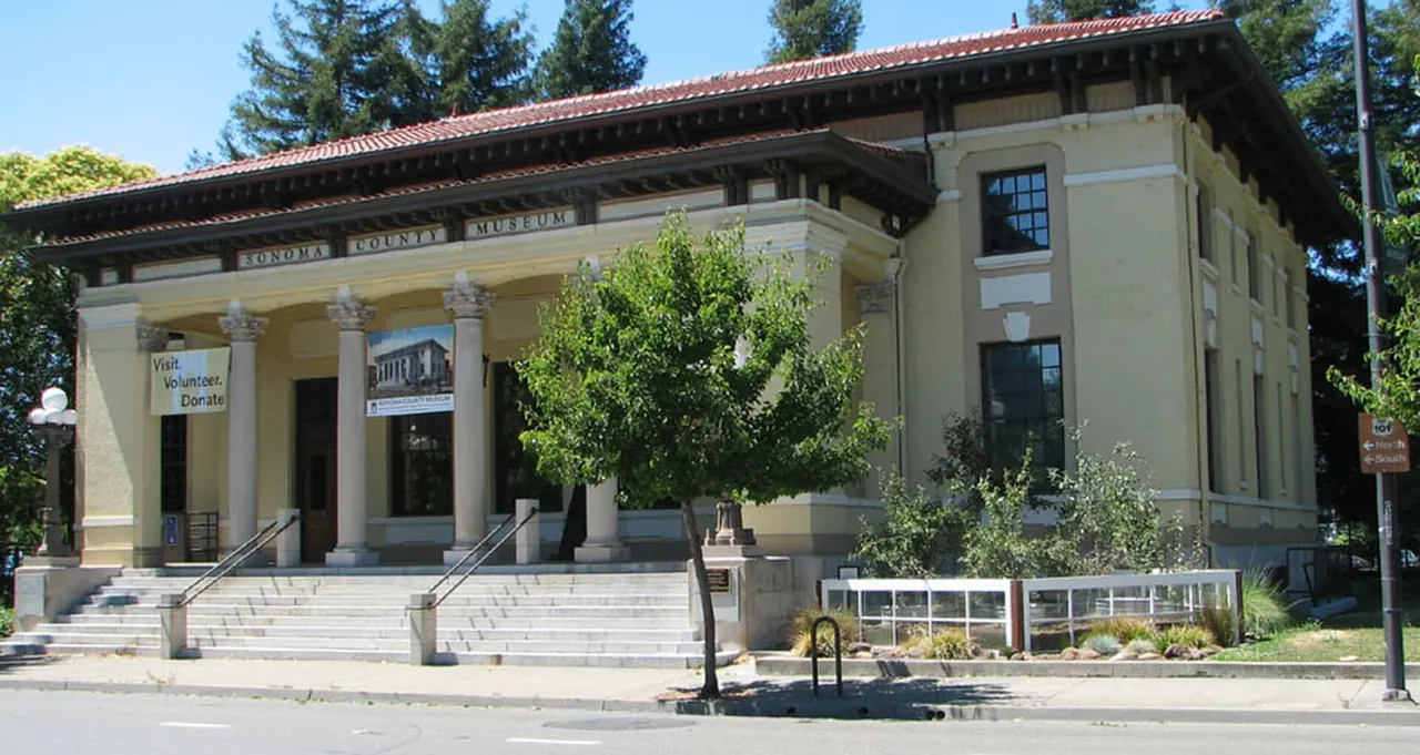 The historic post office building in downtown Santa Rosa, with stone columns and a red tile roof.
