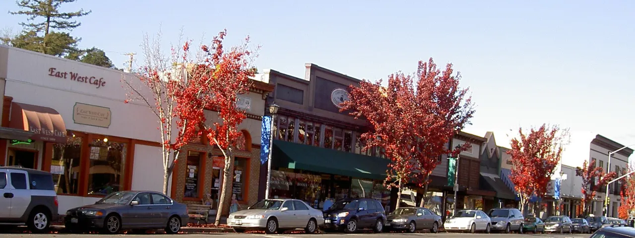 Storefronts and autumn trees along Main Street in Sebastopol.