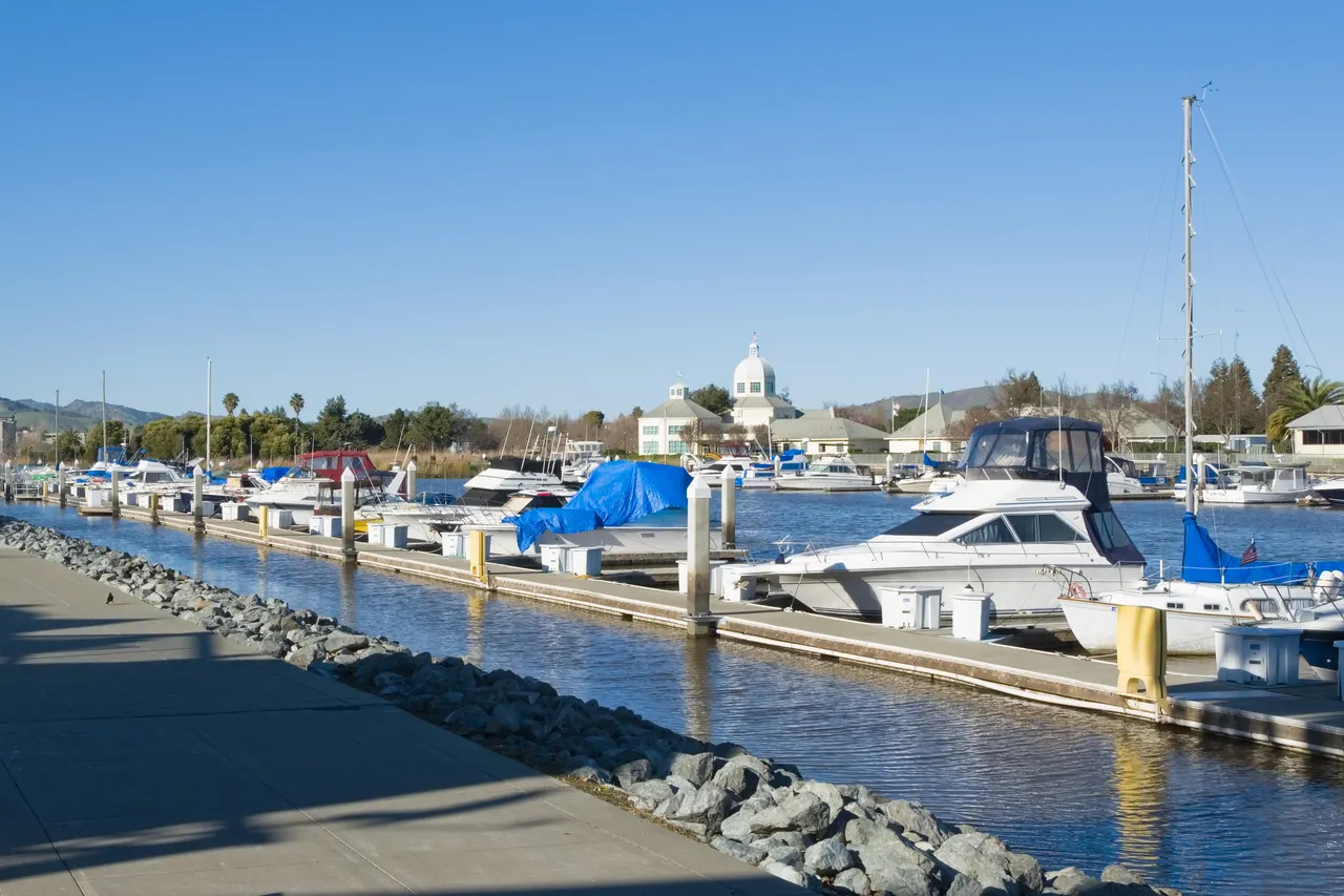 Boats at Suisun City Marina, with City Hall visible beyond.
