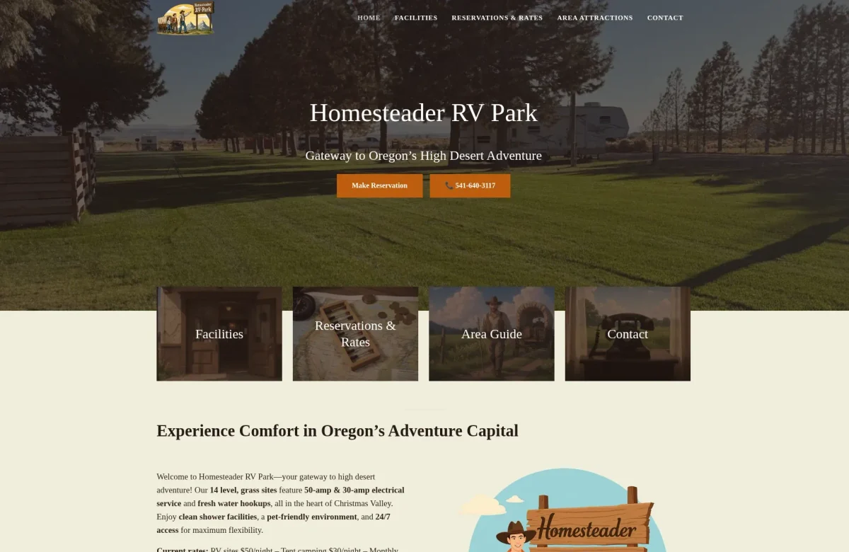 Homesteader RV Park website, desktop view