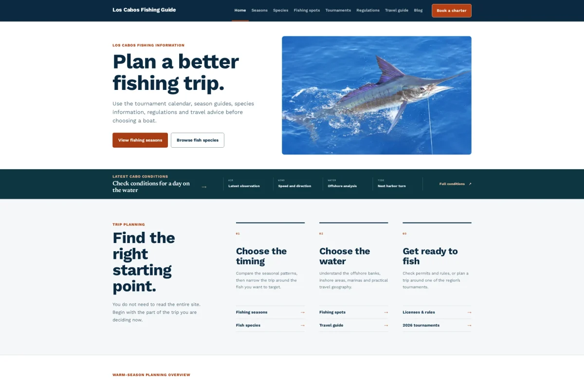 Los Cabos Fishing website, desktop view