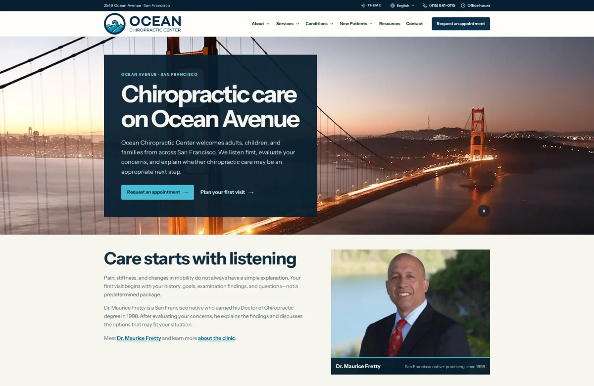Ocean Chiropractic Center website, desktop view