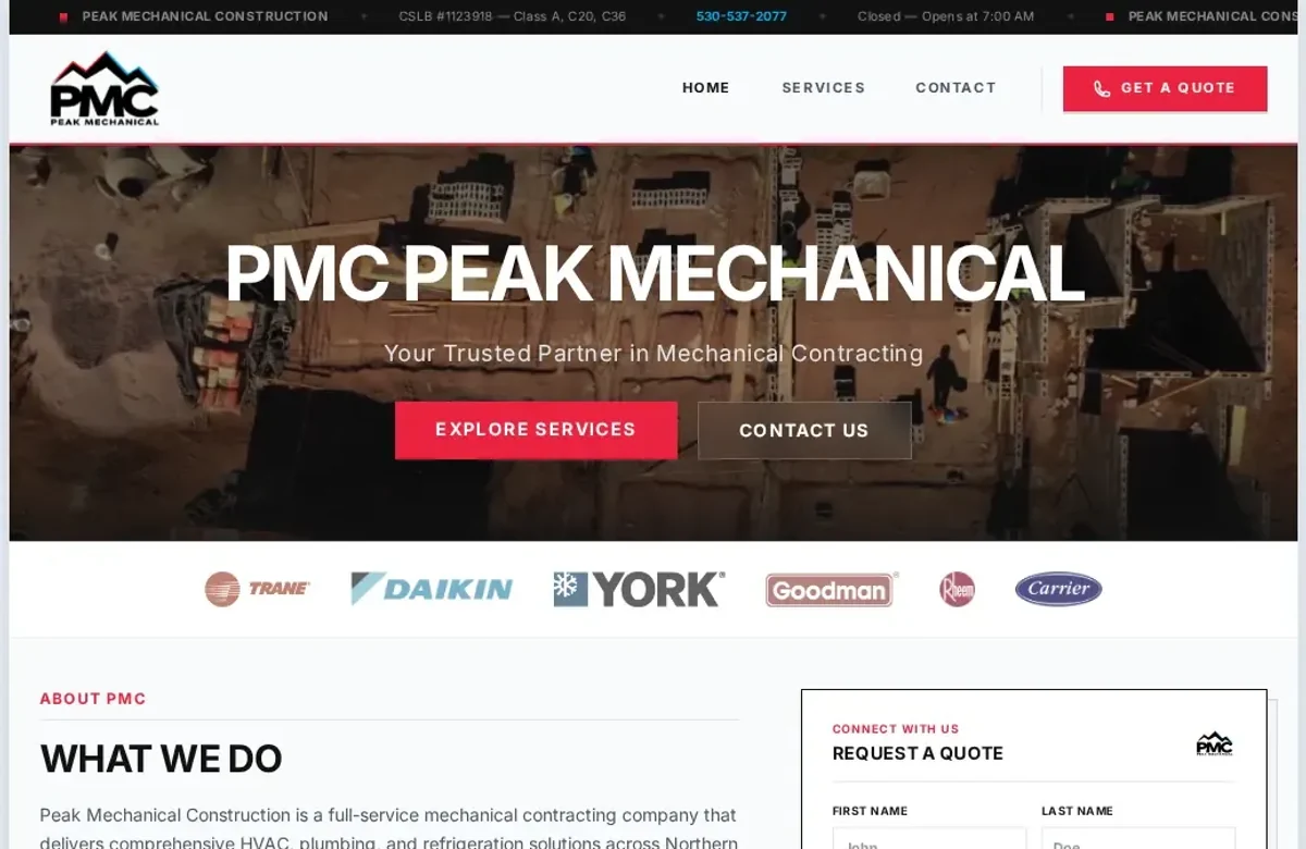 Peak Mechanical website, desktop view