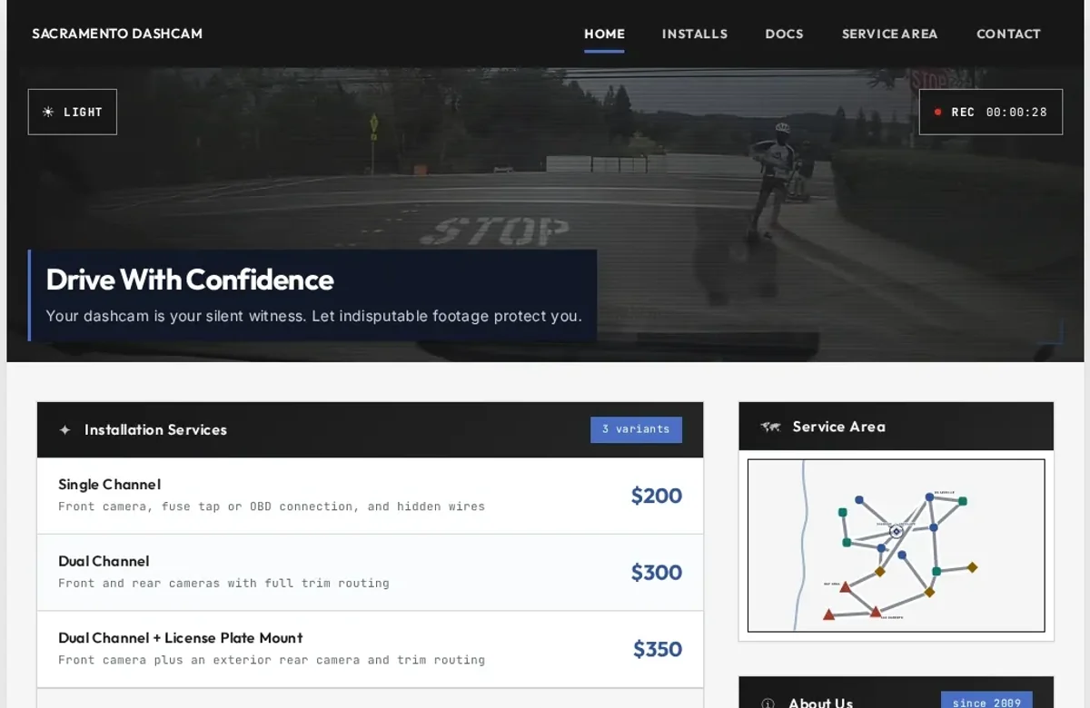 Sac Dashcam website, desktop view
